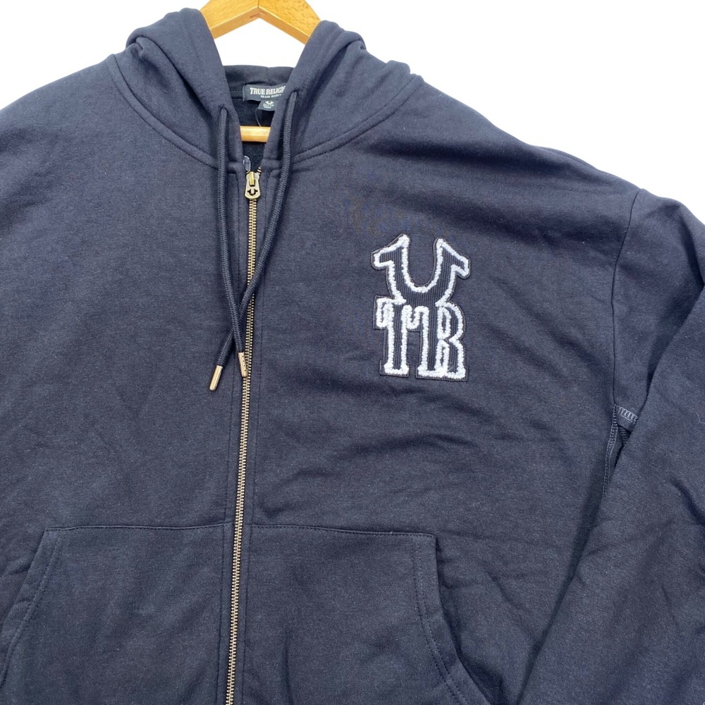 True Religion Rib Stitch Dept Boxy Zip Up Mens XL Jet Black Contrast Hoodie New